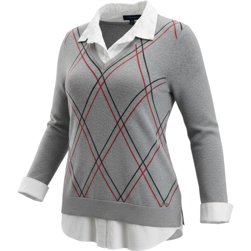Tommy Hilfiger Preppy Grey Argyle V-Neck 2-in-1 Layered Shirt Sweater Cotton XXL